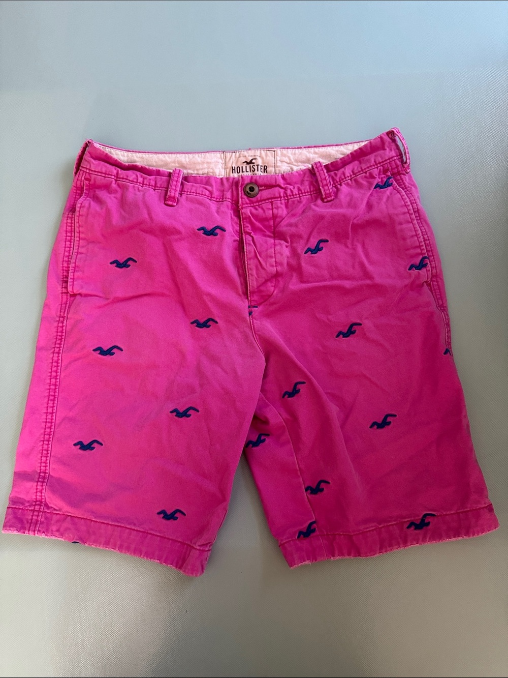 Hollister Men's Bright Pink Logo-Embroidered Flat Front Shorts Size 33 Cotton